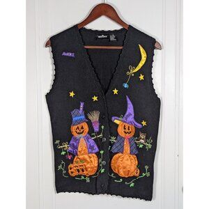 VTG Halloween Sweater Vest Knit Women's Medium Pumpkin Scarecrow 90s Vintage Y2K